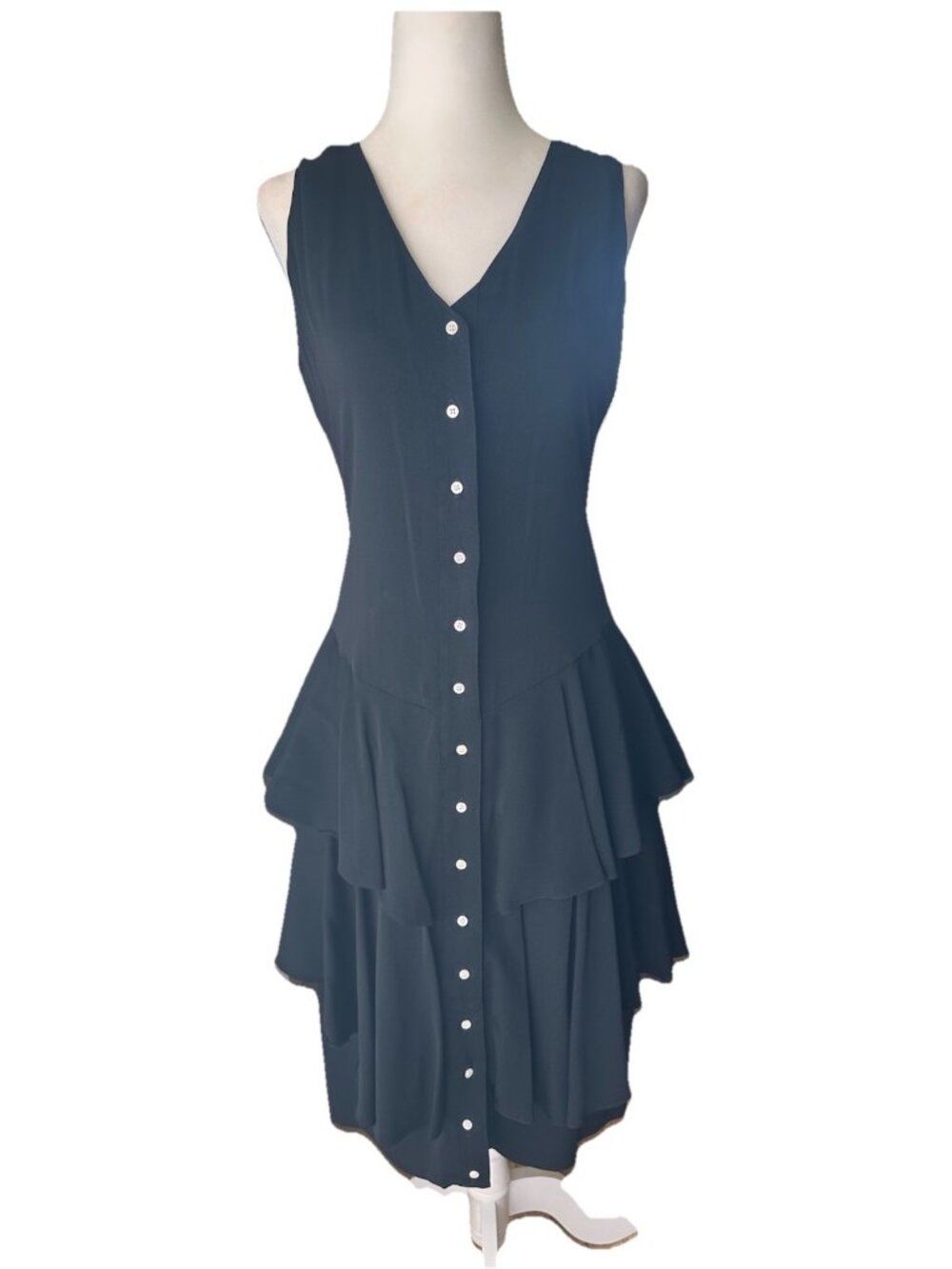 1990s Nicole Miller Black Tank V Neck Tiered Button Up Dress Size 8
